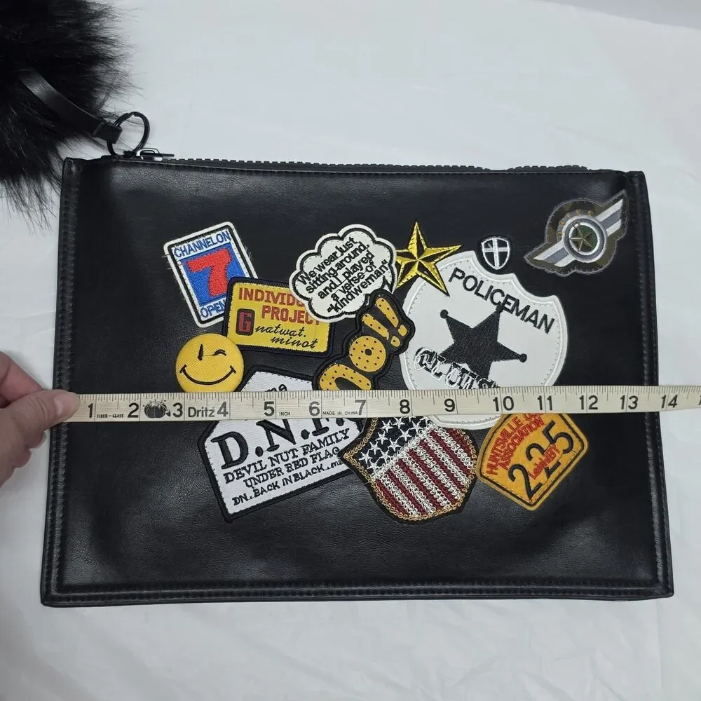 Dream Control Black Large Patched Clutch With Pom Pom Vegan Leather Hipster